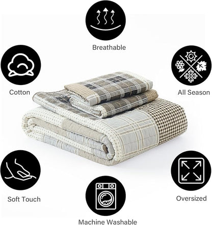 PANGUSHAN 100% Cotton Quilt Set King Size, King Size Farmhouse Plaid Patchwork Reversible Rustic Quilt Bedding Set Quilted Bedspread Lightweight Comforter for King Bed, 3pcs, Gray/Cream/Beige