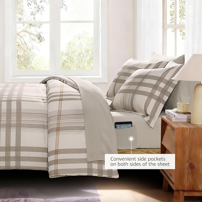 MaiRêve Full Size Comforter Set Brown Grey, Classic Plaid Farmhouse Bedding Sets 7 Pieces, All Season Lightweight Bed in a Bag with Sheets, Pillowcases & Shams