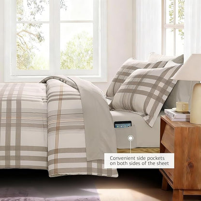 MaiRêve Queen Comforter Set Brown Grey, Classic Plaid Farmhouse Bedding Sets 7 Pieces, All Season Lightweight Bed in a Bag with Sheets, Pillowcases & Shams