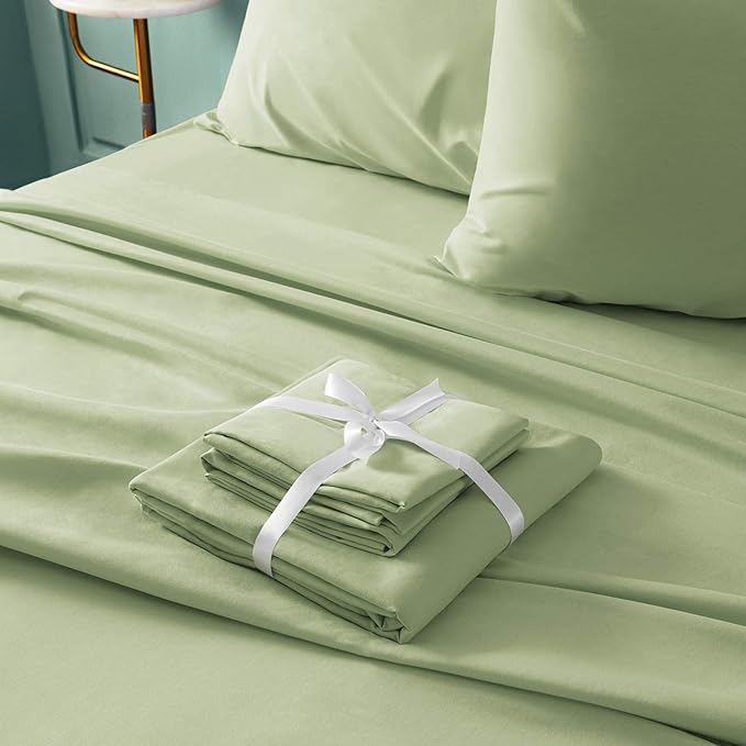 BYSURE 6 Pieces Bed Sheets Set(Queen, Green Sage) - Hotel Luxury Super Soft 1800 Thread Count 100% Microfiber Sheets with Deep Pockets, Wrinkle & Fade Resistant