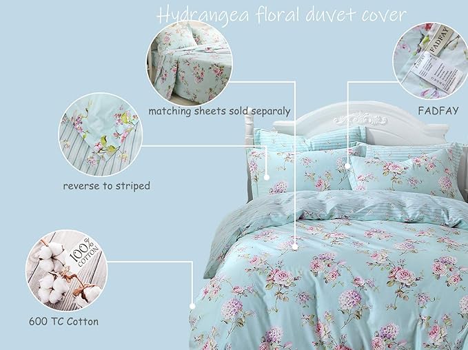 FADFAY Cotton Duvet Cover Set Full Size Blue Floral Bedding Set Super Soft Purple Hydrangea Flower Print Reverse to Striped Zipper Bed Cover French Countryside Girls Bedding 3 Pcs, Full