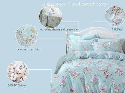 FADFAY Shabby Vintage Duvet Cover Twin XL Dorm Bedding Fashionable Rose and Hydrangea Flower 100% Cotton Soft Reversible Hidden Zipper Closure Farmhouse Quilt Cover Set 3 Piece -（No Filling）