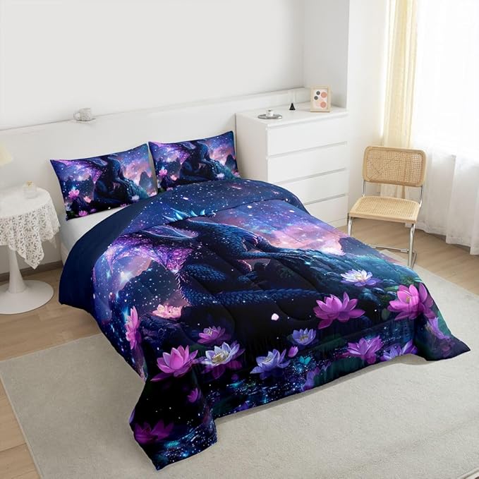 Feelyou Dragon Kids Comforter Set Toddler Size Dragon Stuff Bedding Set Wild Life Duvet Quilt for Kids Boys Girls Bedroom Magic Wildlife Decor Blue Purply Ultra Soft Breathable