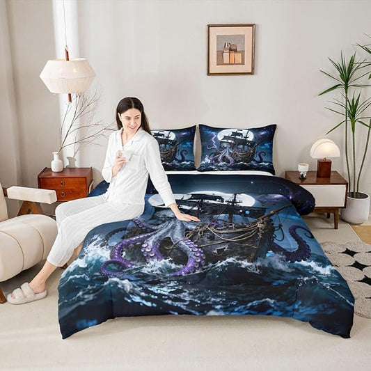 Castle Fairy Octopus Pirate Ship Comforter Set Toddler Size 2 Pcs,Moon Lightning Galaxy Night Sky Bedding Sets for Kids Teens Adults,Wild Sealife Ocean Sailing Quilted Comforter with 1 Pillowcase