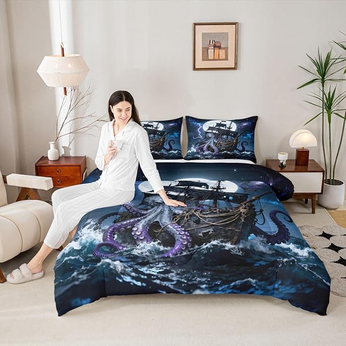 Castle Fairy Octopus Pirate Ship Comforter Set King Size 3 Pcs,Moon Lightning Galaxy Night Sky Bedding Sets for Kids Teens Adults,Wild Sealife Ocean Sailing Down Comforter with 2 Pillowcases