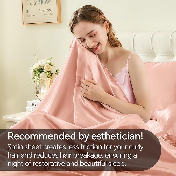 BEDELITE Satin Sheets Full Size Bed Set, Luxury Soft Coral Pink Silky Sheets for Hair and Skin, Similar to Silk Bed Sheets Set 4 Pieces with 1 Deep Pocket Fitted Sheet, 1 Flat Sheet, and 2 Pillowcases