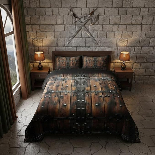 Medieval Themed Comforter Set for Kids,Castle Knight Wall Bedding Set Teens Boys Room Decor,Retro Wooden Board Comforter with 1 Pillowcase for All Seasons,Twin