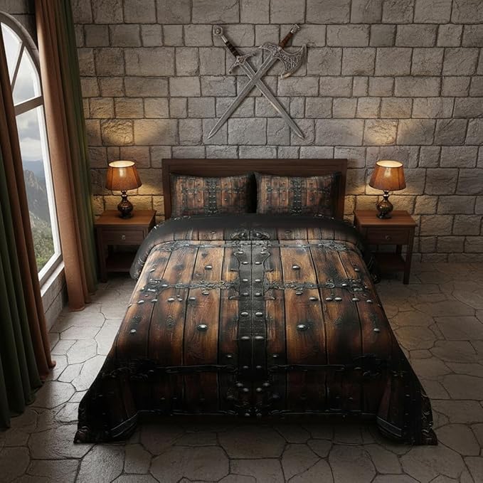 Medieval Themed Comforter/Duvet Set,Castle Knight Wall Ultra Soft Bed Collection,Retro Wooden Board Bedding for Room Decor 3 Pcs,Microfiber Breathable,King