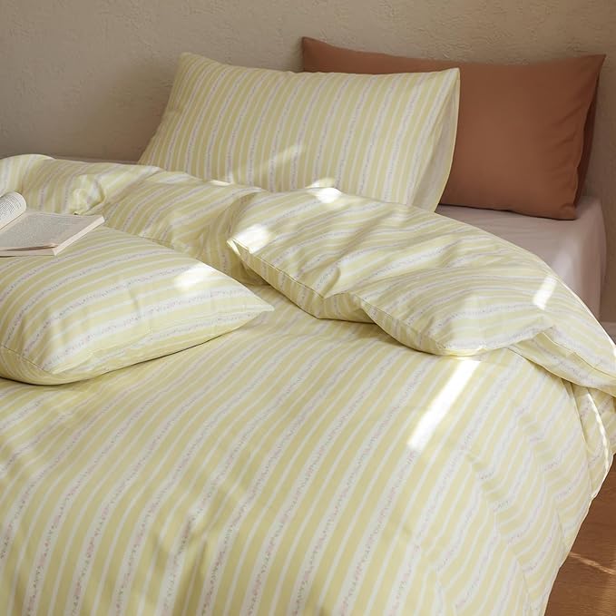 Floral Comforter Queen Size Yellow Striped Bedding Set Fluffy Cotton Down Alternative Girls Bedding Comforter Sets Cozy Boho Stripe Light Weight Bed Comforter with 2 Pillowcases