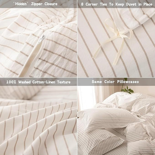 Stripe Duvet Cover Super Queen Size 98inch x 90inch,100% Washed Cotton Linen Feel Duvet Cover with Zipper Closure and 2 Pillowcases, Color of Off White-Linen Grey Stripe