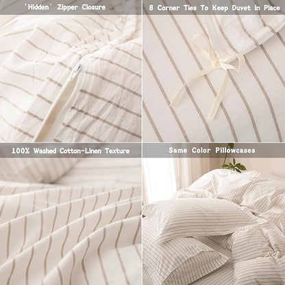 Stripe Duvet Cover California King Size 104inch x 98inch,100% Washed Cotton Linen Feel Duvet Cover with Zipper Closure and 2 Pillowcases, Color of Off White-Linen Grey Stripe