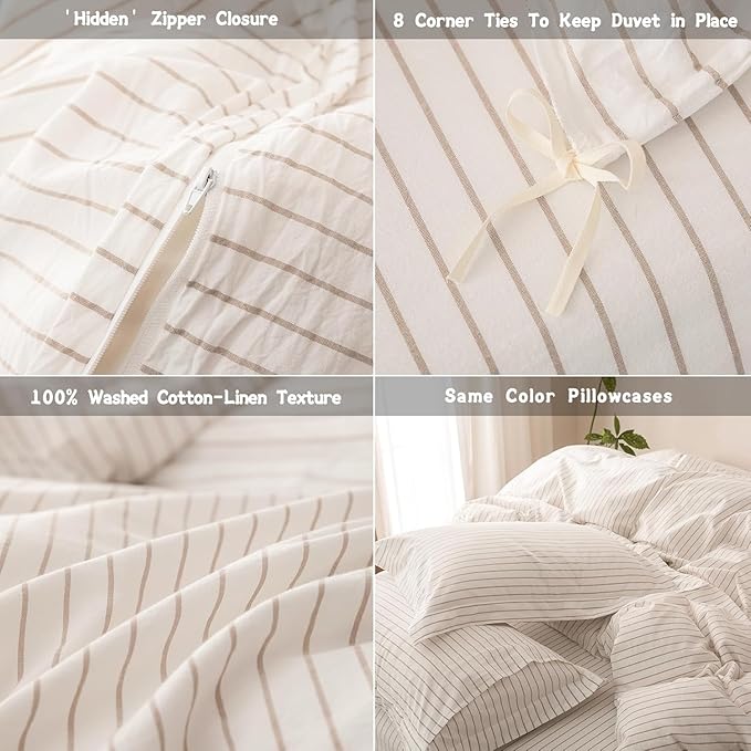 Stripe Duvet Cover Super King Size 108inch x 98inch,100% Washed Cotton Linen Feel Duvet Cover with Zipper Closure and 2 Pillowcases, Color of Off White-Linen Grey Stripe