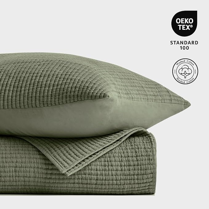 EVERGRACEHOME Cotton Coverlet Set Full Queen Size 3 Pieces, Lightweight Soft Ribbed Matelassé Bedspread Quilt Set, Cozy Oversized Quilted Bedding Set with 2 Pillow Shams for All Seasons, Olive Green
