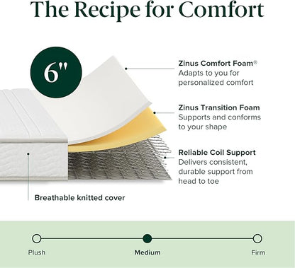 Zinus 6 Inch Foam and Spring Hybrid Mattress [New Version], Twin XL, Fiberglass Free, Medium Firmness, Durable Support, Certified Safe Foams & Fabric, Mattress in A Box, White