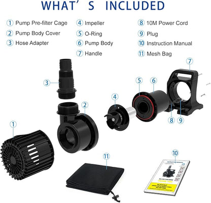 11800 GPH 850W IPX8 Large Submersible Pond Waterfall Pump | 32.8FT long power cord, smart quiet fountain pump for Koi fish, garden yard patio duck outdoor, with barrier filter bag