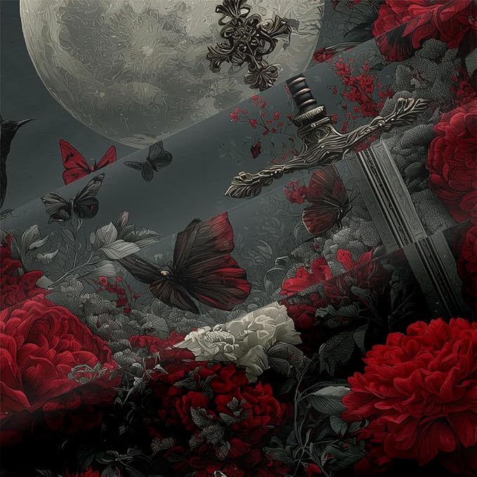3Pcs Full Size Victorian Red White Flowers Comforter Set for Women, Gothic Black Crows Bedding Sets for Women Room Decor, 1 Moon Butterfly Comforter 79"x 90" and 2 Pillowcases All Season