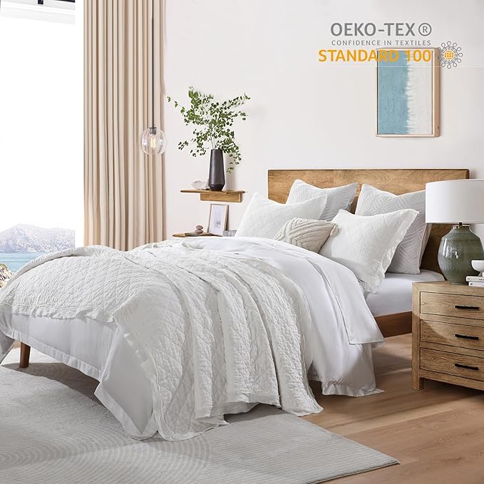 HORIMOTE HOME 100% Linen Front/100% Cotton Back Quilt Set King Size, White Pre-Washed European Flax Linen Quilt, Diamond Stitch Bedspread Coverlet Bedding Set 3-Piece for All Seasons