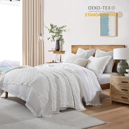 HORIMOTE HOME 100% Linen Front/100% Cotton Back Quilt Set King Size, White Pre-Washed European Flax Linen Quilt, Diamond Stitch Bedspread Coverlet Bedding Set 3-Piece for All Seasons