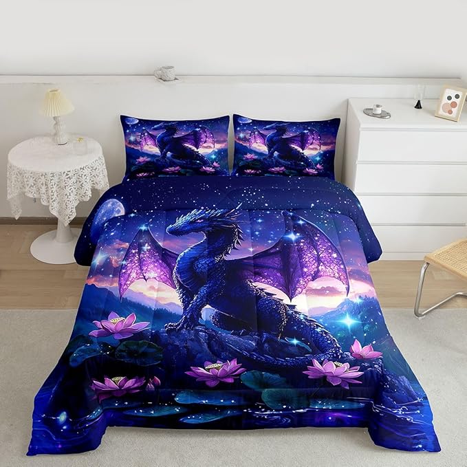 Feelyou Dragon Kids Comforter Set Full Size Dragon Stuff Bedding Set Wild Life Duvet Quilt for Kids Boys Girls Bedroom Magic Wildlife Decor Purplish Microfiber Ultra Soft Breathable