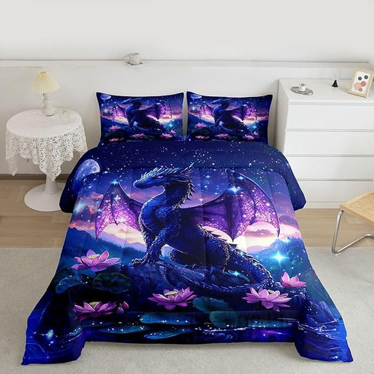 Feelyou Dragon Kids Comforter Set Twin Size Dragon Stuff Bedding Set Wild Life Duvet Quilt for Kids Boys Girls Bedroom Magic Wildlife Decor Purplish Microfiber Ultra Soft Breathable