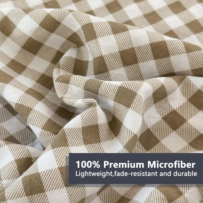 NSNLGSGC Tan Ruffle Gingham Comforter Set King, Pre-Washed Ruffled Taupe Plaid Checked Comforter Bedding, 3 Pieces Vintage Farmhouse Grid Bedding Set(Tan Gingham, King)