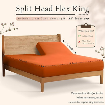 SiinvdaBZX Split Top King Fitted Sheet Only for Adjustable Bed, Ultra-Soft Microfiber 34 Inch Top Split Head Sheets Half Split King Bottom Sheet, Fits 14" -16" Deep Pocket, Burnt Orange