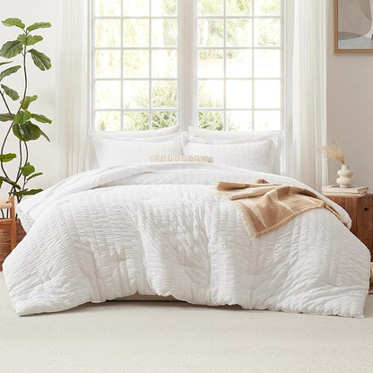 CozyLux Twin Comforter Set with Sheets 5 Pieces, White Seersucker Textured Bed in a Bag for Girls, Luxury Soft Bedding Sets with Down Alternative Comforter, Sheets, Pillowcase & Sham for All Seasons