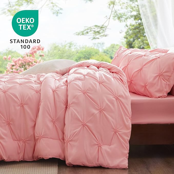 BEDELITE Pink Queen Comforter Set - 3 Pieces Boho Pintuck Bedding Comforter Sets, Lightweight Soft & Warm Bed Comforter with 2 Pillowcases for All Season,Valentines Day | mothers day gifts, Multiple color, Modern Comforter, High Quality