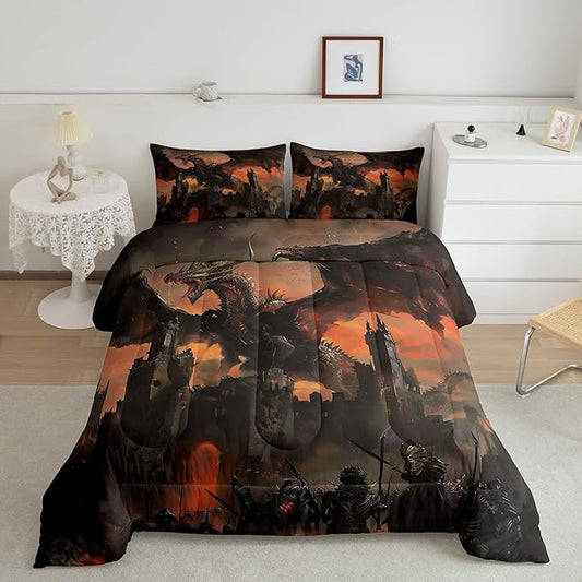 3D Dragon Comforter Set Full Size,Vintage Old Castle Bedding Set for Kids Boys Girls Room Decor,Grey Red Retro Microfiber Soft Quilt Set,Fire Dragon Wildlife Theme Duvet Insert 3Pcs,2 Pillowcases