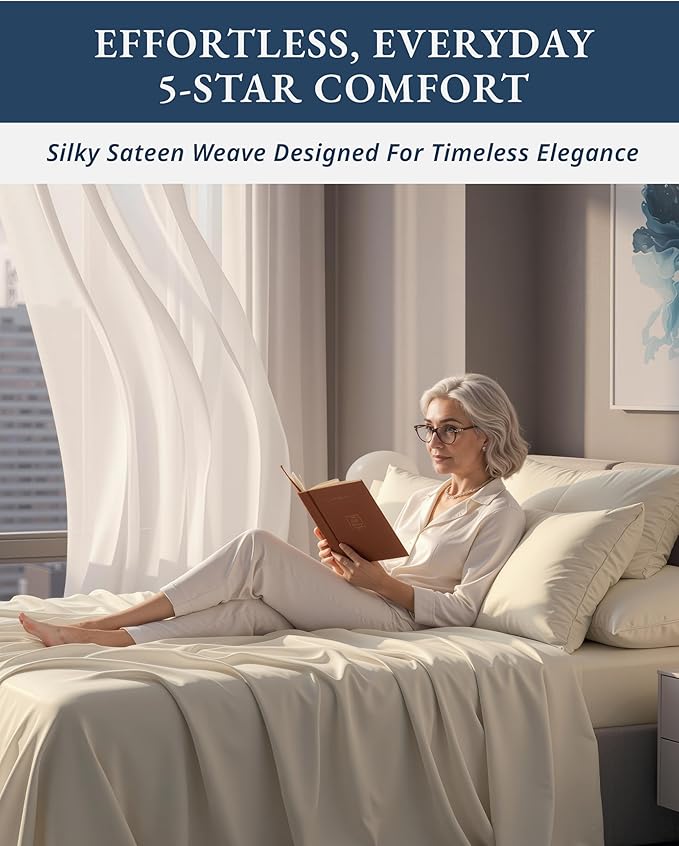 LANE LINEN 100% Egyptian Cotton Bed Sheets Twin XL, Long Staple Soft & Comfy Sateen Weave No Pill Fade Resistant Machine wash Extra Long Twin Sheets for Hospital Bed - Ivory