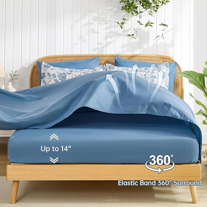 Luxudecor Floral Comforter Set King Size 7 Pieces, Blue Flower with Bird Bed in a Bag, Soft Reversible Comforter with Sheet Bed Set 104"x90"