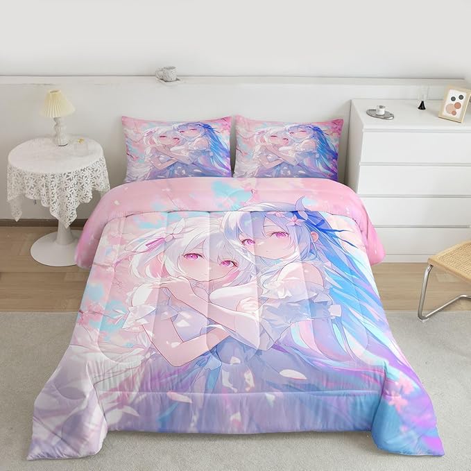 Erosebridal 3D Kawaii Girly Bedding Queen Size, Japanese Girl Comforter Set for Kids Toddler Girls Cherry Blossoms Bedding Comforter Sets, Watercolor Romance Duvet Set Happy Friendship Down Comforter