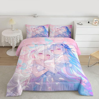 Erosebridal 3D Kawaii Girly Bedding King Size, Japanese Girl Comforter Set for Kids Toddler Girls Cherry Blossoms Bedding Comforter Sets, Watercolor Romance Duvet Set Happy Friendship Down Comforter