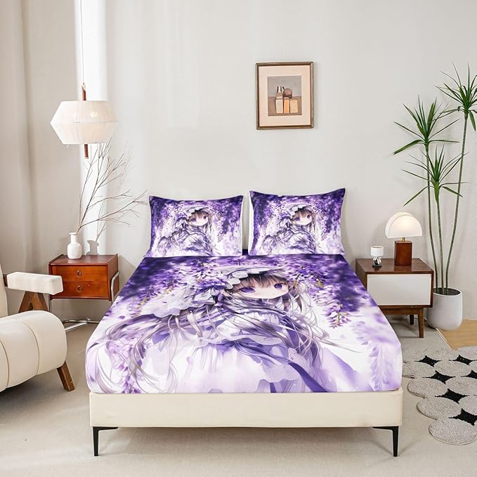 Erosebridal Lilac Flower Girl Fitted Sheet for Boys Girls Kids Purple Spring Floral Full Bed Sheets,Anime Girl Sheets Cartoon Anime Gift Bedding Sets, No Top Sheet