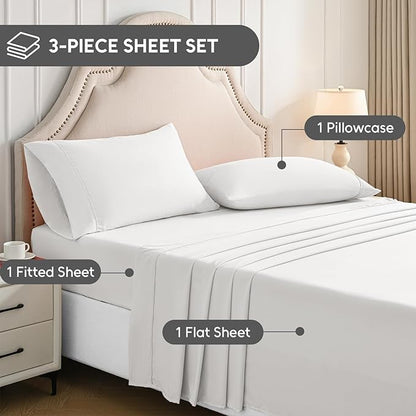 Twin Sheets Set, 3 Pieces Hotel Luxury Soft Microfiber Bed Sheets Set, Up to 16" Deep Pockets, Oeko-Tex Sheets with Elastic, Breathable, Wrinkle Free(White,Twin)