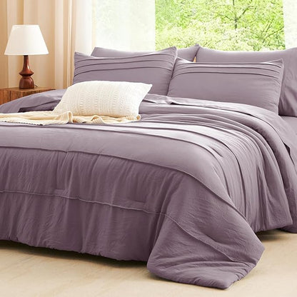 CozyLux King Size Comforter Set Dusty Purple, 7 Pieces Soft Pinch Pleat Bed in a Bag King Comforter Set with Sheets, Boho Bed Set with Down Alternative Comforter, Sheets, Pillowcases & Shams