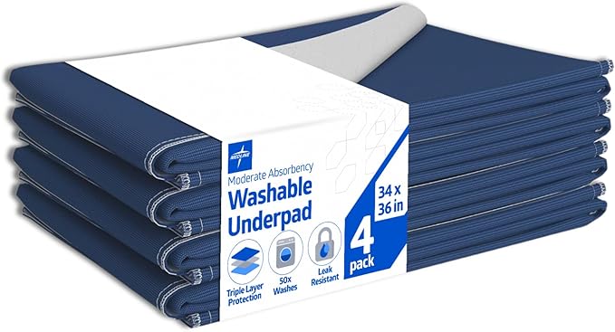 Medline Washable Bed Pads for Incontinence, Large 34 x 36 inch Reusable Underpads, 4 Pack, Pee Pads for Dogs, Adults, Kids and Baby, Navy with Gray Top Sheet