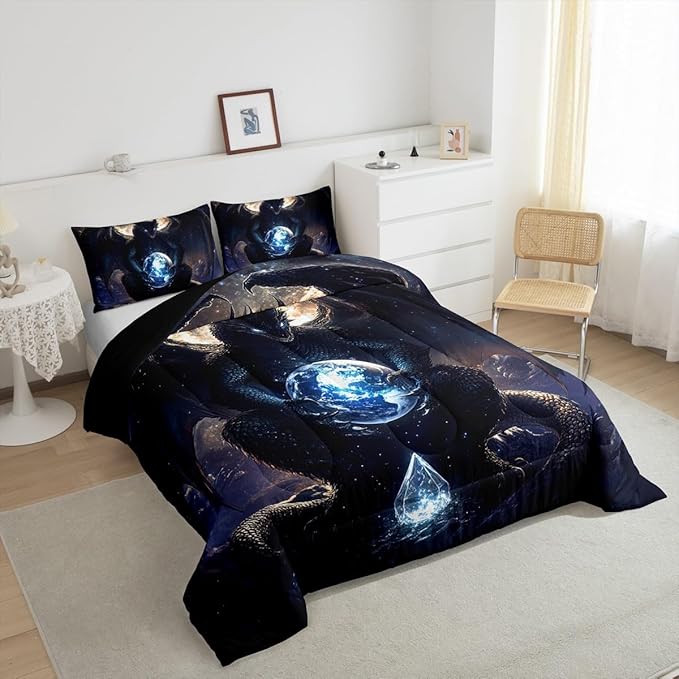 Feelyou Dragon Comforter Set King Size Comforter for Boys Girls Teens Wild Life Bedding Set Dragon Decor Duvet Set Room Decor Black Quilt Set