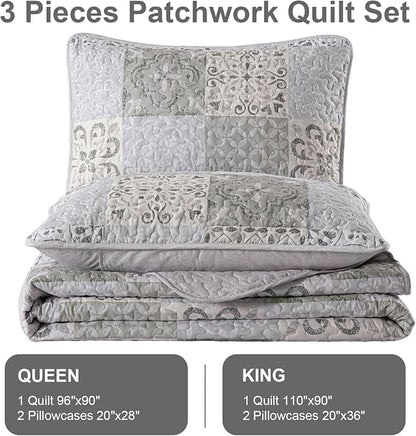 Dobuyly Queen Size Quilt Set Boho Grey Beige Plaid Patchwork Bedspreads Coverlet Set, 3 Pieces Reversible Lightweight Microfiber Neutral Quilt Bedding Set for All Seasons 96"x90"