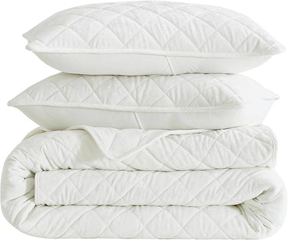 Chezmoi Collection Lux Cream White Velvet Quilt Oversized King Set, 3-Piece Plush Distressed Velvet Bedding All Season Lightweight Comforter Brushed Microfiber Reverse with Diamond Stitch Quilting