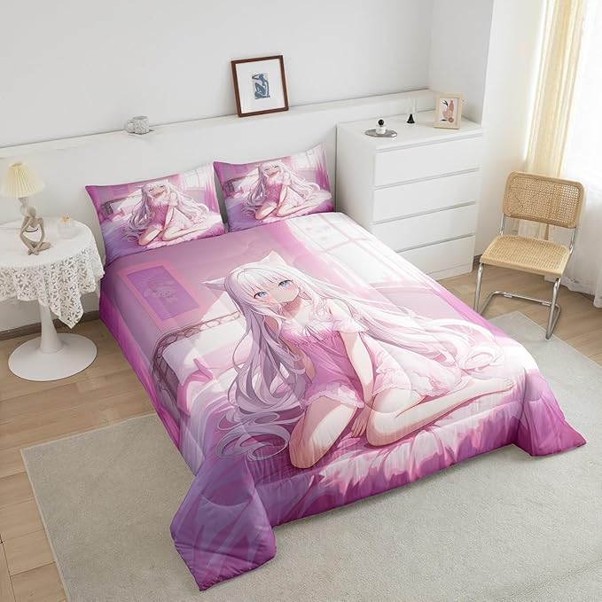 Erosebridal Twin Size Japanese Anime Comforter Set for Kids, Anime Girl Bedding Set Kawaii Japanese Style Quilt Cartoon Japan Animation Duvet Insert for Boys Teens Adult Women Bedroom, Pink