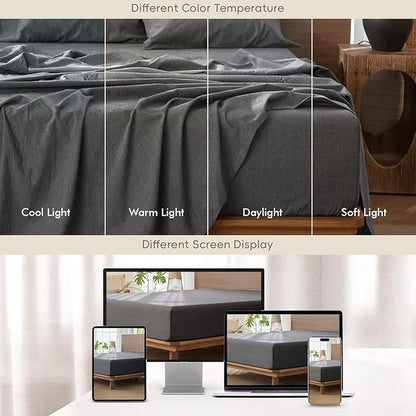 MooMee Fitted Bottom Sheet Only 100% Washed Cotton Linen Like Textured Breathable Durable Soft Comfy Deep Pocket Fits Mattress up to 17" (Dark Grey, King)