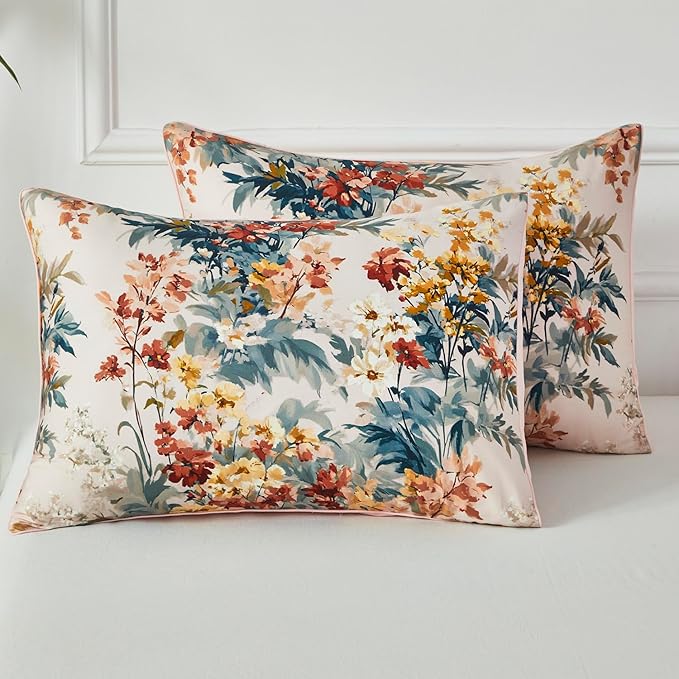 WINLIFE 100% Cotton Pillow Cases Set of 2 Vintage Wildflowers Printed Pillowcase Envelope Closure Pillow Cover, Soft & Breathable (Queen, 20'' x 30'')