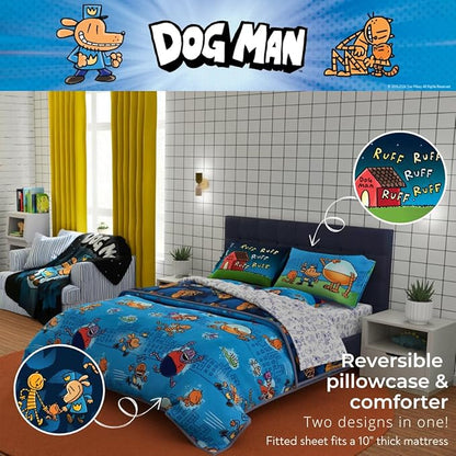 Dog Man Supa Buddies Book Kids Bedding Set, Queen Size 7 Piece Set Super Soft Cozy Reversible Comforter and Sheet Set with Sham, (Officially Licensed Product) by Franco