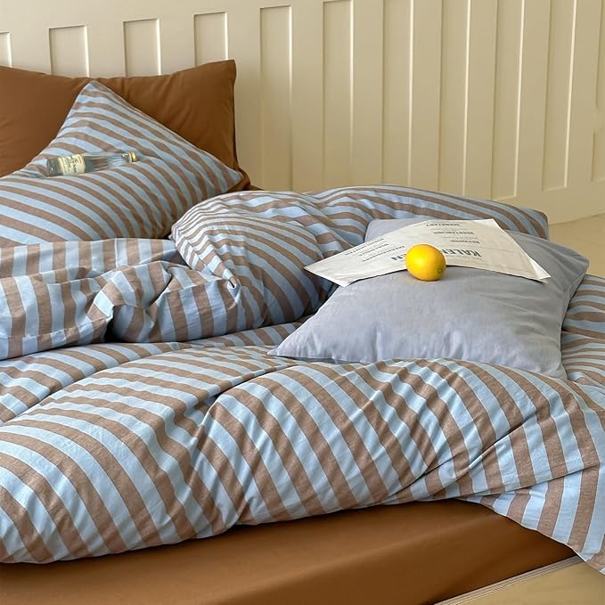 LifeTB Vintage Striped Comforter Set King, 3 Pieces Blue Brown Stripes Pattern Printed Bedding Set, Fluffy Soft Breathable Comforter Set for All Seasons, Farmhouse Striped Bedding Comforter King Size