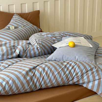 Striped Duvet Cover Set Full, 100% Washed Cotton Vintage Blue Brown Stripes Pattern Printed Comforter Cover, 3 Pieces Breathable Duvet Cover with 2 Pillowcases, Soft Farmhouse Striped Bedding Set