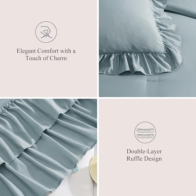 King Size Comforter Set Dusty Blue, Ruffle Shabby Chic Bedding Set Farmhouse 7 Pieces, All Season Fluffy Bed in a Bag with Sheets, Pillowcases & Shams