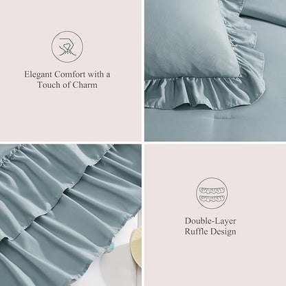 Queen Comforter Set Dusty Blue, Ruffle Shabby Chic Bedding Set Farmhouse 7 Pieces, All Season Fluffy Bed in a Bag with Sheets, Pillowcases & Shams