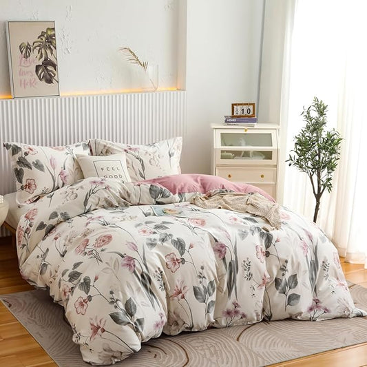 OAITE Duvet Cover Set King Size Floral Pattern 600 Thread Count Ultra Soft 100% Long Staple Cotton Duvet Cover Sets 3-PC, Breathable Duvet Cover with Zipper Closure & Corner Ties