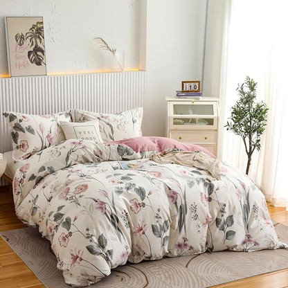 OAITE Duvet Cover Set Queen Size Floral Pattern 600 Thread Count Ultra Soft 100% Long Staple Cotton Duvet Cover Sets 3-PC, Breathable Duvet Cover with Zipper Closure & Corner Ties